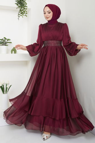 moda selvim Evening Dress 5498AB368 Burgundy - Thumbnail