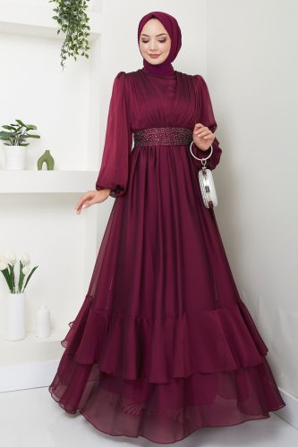 moda selvim Evening Dress 5498AB368 Damson - Thumbnail