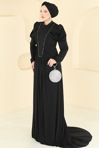 moda selvim Evening Dress 5503DMNK1166 Black - Thumbnail
