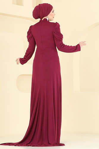 moda selvim Evening Dress 5503DMNK1166 Damson - Thumbnail