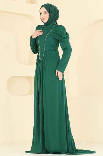 moda selvim فستان سهرة زيتي 5503DMNK1166 - Thumbnail