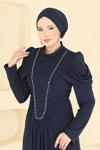 moda selvim Evening Dress 5503DMNK1166 Navy Blue - Thumbnail
