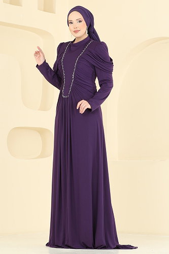 moda selvim فستان سهرة أرجواني 5503DMNK1166 - Thumbnail