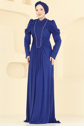 moda selvim Evening Dress 5503DMNK1166 Saxe - Thumbnail
