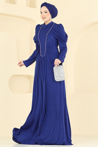moda selvim فستان سهرة نيلي 5503DMNK1166 - Thumbnail