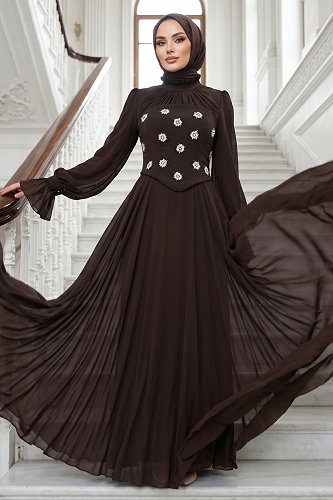 moda selvim Evening Dress 5544DMNK1166 Bitter Brown - Thumbnail