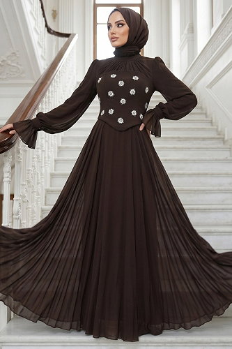 moda selvim Evening Dress 5544DMNK1166 Bitter Brown - Thumbnail