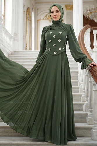 moda selvim Evening Dress 5544DMNK1166 Khaki - Thumbnail