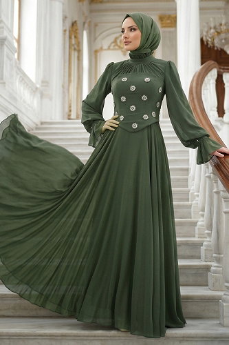 moda selvim Evening Dress 5544DMNK1166 Khaki - Thumbnail