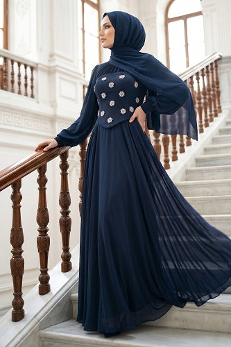 moda selvim Evening Dress 5544DMNK1166 Navy Blue - Thumbnail