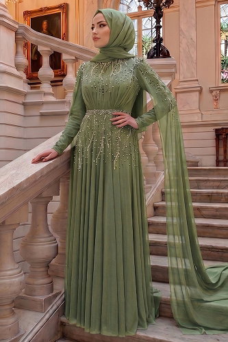 moda selvim Evening Dress 5568DMNK1166 Almond Green - Thumbnail