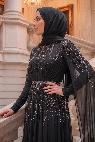 moda selvim Evening Dress 5568DMNK1166 Black - Thumbnail