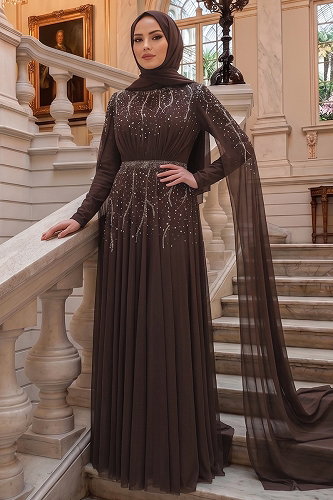 moda selvim فستان سهرة بني 5568DMNK1166 - Thumbnail