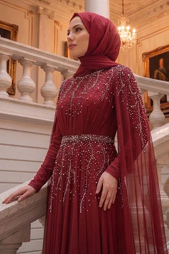 moda selvim فستان سهرة خمري 5568DMNK1166 - Thumbnail