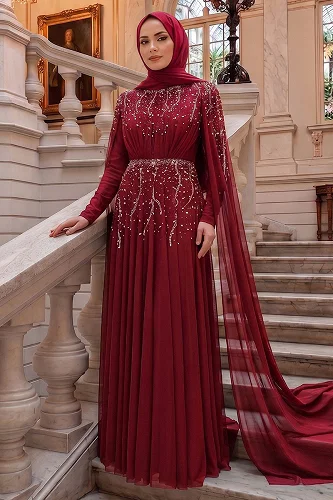 moda selvim فستان سهرة خمري 5568DMNK1166 - Thumbnail