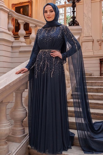 moda selvim Evening Dress 5568DMNK1166 Navy Blue - Thumbnail