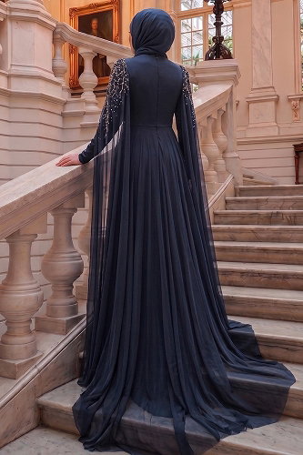 moda selvim Evening Dress 5568DMNK1166 Navy Blue - Thumbnail