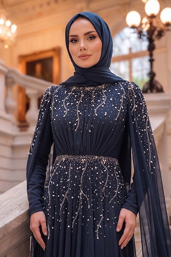 moda selvim فستان سهرة كحلي 5568DMNK1166 - Thumbnail