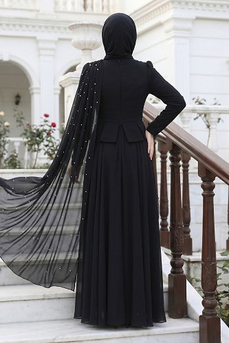 moda selvim فستان سهرة أسود 5595DMNK1166 - Thumbnail
