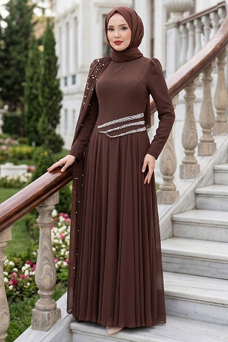 moda selvim فستان سهرة بني 5595DMNK1166 - Thumbnail