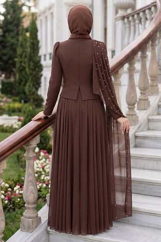 moda selvim فستان سهرة بني 5595DMNK1166 - Thumbnail