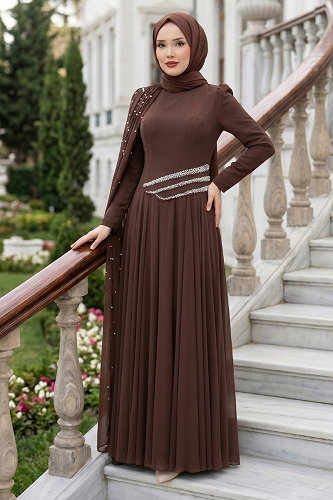 moda selvim فستان سهرة بني 5595DMNK1166 - Thumbnail