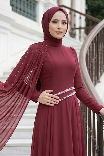 moda selvim فستان سهرة خمري 5595DMNK1166 - Thumbnail