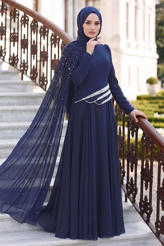moda selvim Evening Dress 5595DMNK1166 Light Navy Blue - Thumbnail
