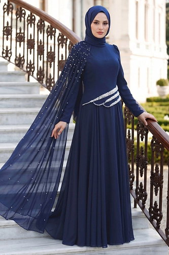 moda selvim Evening Dress 5595DMNK1166 Light Navy Blue - Thumbnail