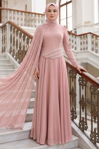moda selvim فستان سهرة بيج وردي 5595DMNK1166 - Thumbnail