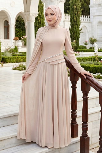 moda selvim Evening Dress 5595DMNK1166 Stone - Thumbnail