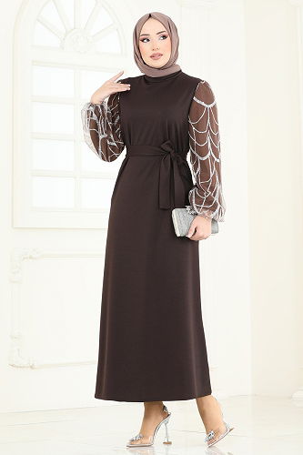 moda selvim Evening Dress 5601EDF311 Brown - Thumbnail