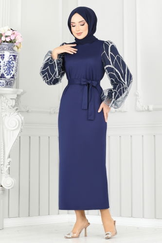 moda selvim Evening Dress 5601EDF311 Navy Blue - Thumbnail