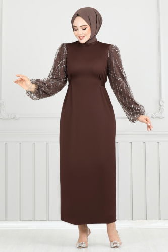 moda selvim Evening Dress 5602EDF311 Brown - Thumbnail