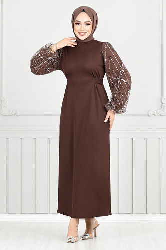 moda selvim Evening Dress 5602END900-M Brown - Thumbnail