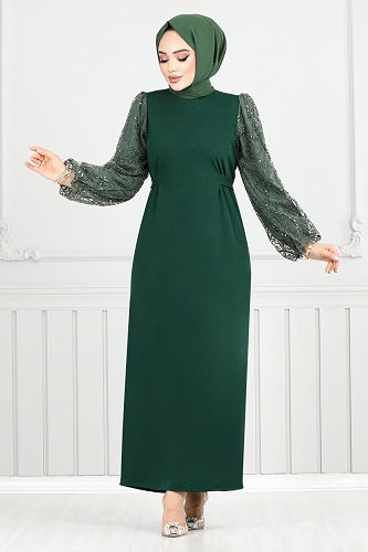 moda selvim فستان سهرة زيتي 5602END900-M - Thumbnail