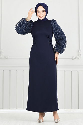 moda selvim Evening Dress 5602END900-M Navy Blue - Thumbnail