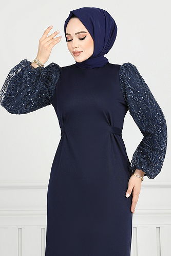 moda selvim Evening Dress 5602END900-M Navy Blue - Thumbnail