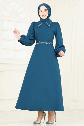 moda selvim Evening Dress 5604EDF311 Petroleum - Thumbnail