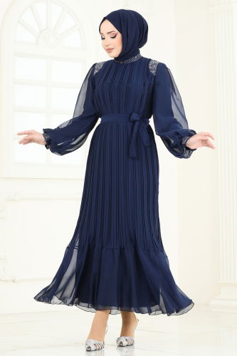 moda selvim Evening Dress 5606EDF311 Navy Blue - Thumbnail