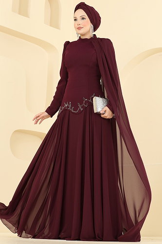 moda selvim Evening Dress 5608DMNK1166 Burgundy - Thumbnail