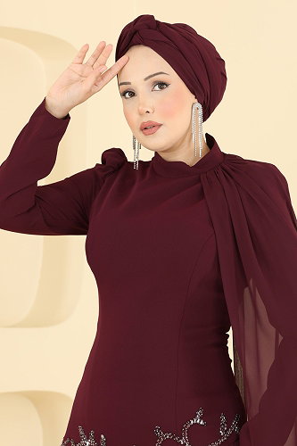 moda selvim Evening Dress 5608DMNK1166 Burgundy - Thumbnail