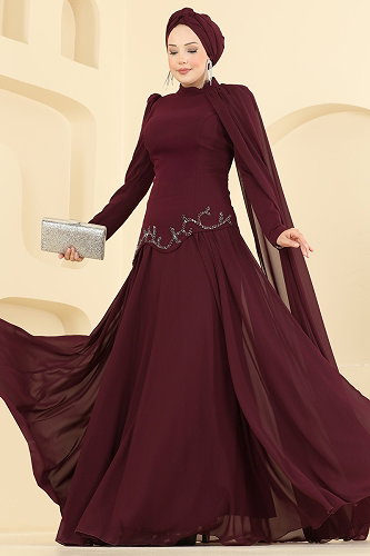 moda selvim فستان سهرة خمري 5608DMNK1166 - Thumbnail