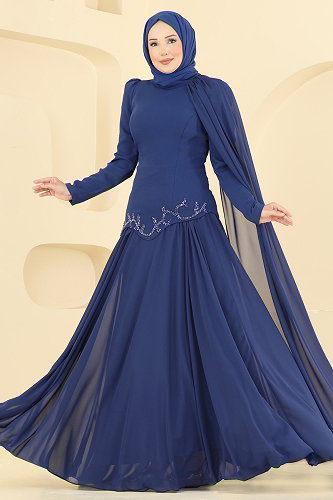 moda selvim فستان سهرة كحلي فاتح 5608DMNK1166 - Thumbnail