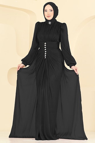 moda selvim فستان سهرة أسود 5626DMNK1166 - Thumbnail