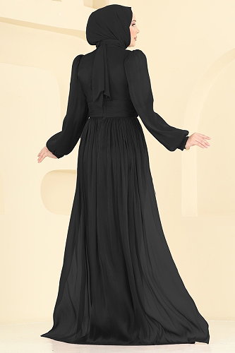 moda selvim فستان سهرة أسود 5626DMNK1166 - Thumbnail