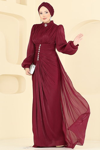 moda selvim Evening Dress 5626DMNK1166 Burgundy - Thumbnail