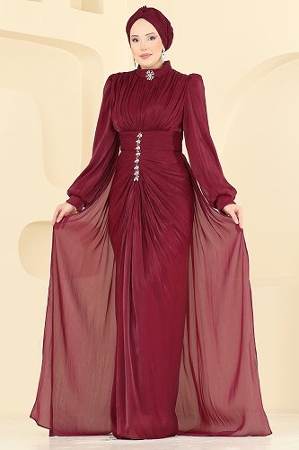 moda selvim فستان سهرة خمري 5626DMNK1166 - Thumbnail