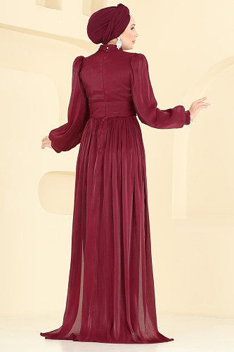 moda selvim فستان سهرة خمري 5626DMNK1166 - Thumbnail