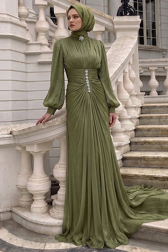 moda selvim Evening Dress 5626DMNK1166 Khaki - Thumbnail